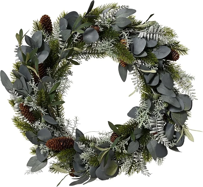 Marke: Kaemingk Künstlicher Tannenkranz 40cm mit Eukalyptus Blättern & Zapfen - Deko Kranz für Winter und Weihnachten - Weihnachtskranz Dekokranz Türkranz Wandkranz - Winterdeko Weihnachtsdeko - Grün Silber