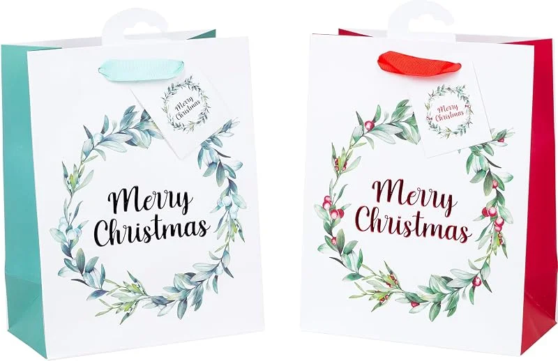 Besuche den Heku-Store HEKU 24er Set Weihnachts-Geschenktaschen aus Papier I Merry Christmas Kranz mit Hotfoil-Veredelung I 2 Farben I 23 x 18 x 10 cm — Geschenkverpackung