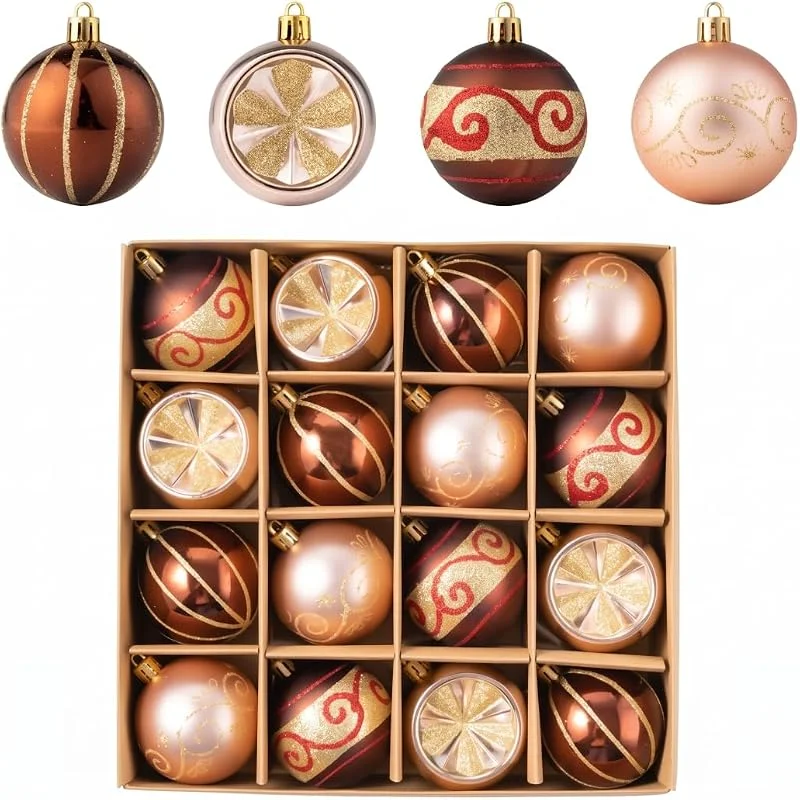 Marke: HoveeLuty Weihnachtskugel-Ornamente, 16-teiliges hängendes Weihnachtsbaumschmuck-Set, galvanisierte Kugeln mit bemalten Mustern, 2, 36 Zoll braune Baumschmuck-Set-Dekorationen — Weihnachtsdeko