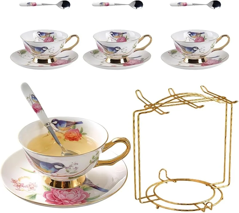 Marke: HSTWODE 8 Stück Europäischen Blumen Tee Set, Bone China Tee Set Service Kaffee Set, 9 Optionen.Mit Geschenkbox, für hochwertige Geschenke und Haushalt, Hochzeit. (Blume und Vogel Muster) — Geschenkverpackung