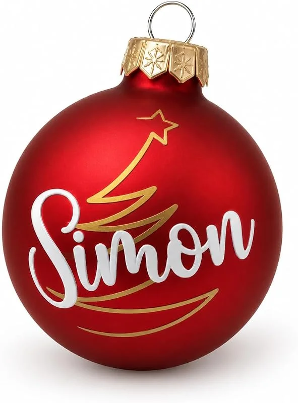 Besuche den AURIMELLYS-Store Personalisierte Weihnachtskugeln aus Glas (6 cm oder 8 cm) – mit Name unf Motiv – Farben & Schriftart wählbar (rot - matt, 6 cm) — Weihnachtsdeko