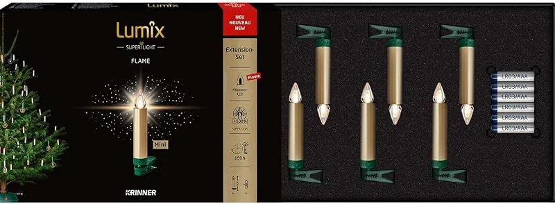 Besuche den Lumix-Store Lumix® kabellose LED Christbaumkerzen Weihnachtsbaumkerzen 6er Erweiterungs-Set SuperLight Flame Metallic Mini Gold 9cm warmweiß 77153 — Weihnachtsbeleuchtung