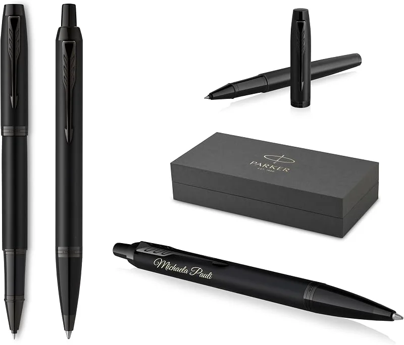 PARKER Schreibset IM Professionals Achromatic Kugelschreiber und Tintenroller mit Gravur, Premium Stift, Geschenkbox, personalisiert, graviert, Jahrestag, Geburtstag (Matt-Schwarz) — Geschenkverpackung