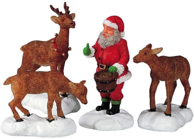 Marke: Lemax Lemax Weihnachtsmann füttert Rentiere, Set mit 4 Figuren, Weihnachts-Kollektion — Weihnachtsdeko