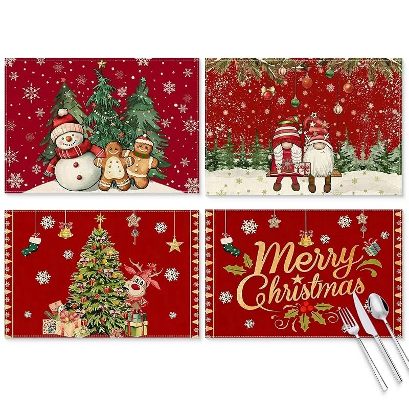 Marke: EAVUYIS Mode Schneemann Rot Schals Kiefern Weihnachten Platzsets 4er Set, 30x45cm Urlaub Tischsets Waschbar Platzdeckchen Küche Party Deko — Küche & Haushalt