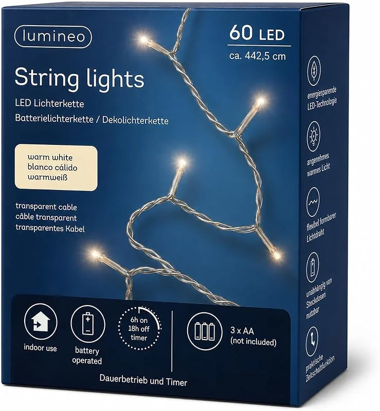 Marke: Lumineo Lumineo LED Lichterkette 4, 4m Basic Batterie 60 LEDs Warmweiß, transparent — Weihnachtsbeleuchtung
