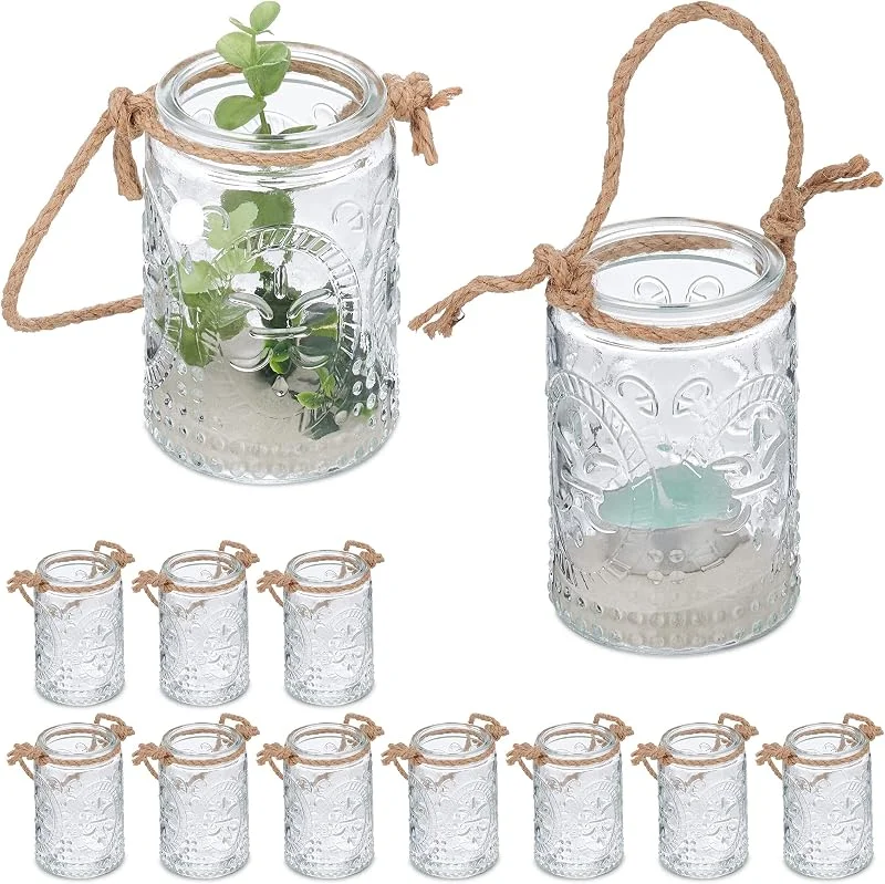 Besuche den Relaxdays-Store Relaxdays Windlicht, 12er Set, Glas mit Henkel, innen & außen, 10, 5 x 7 cm, Hochzeit Teelichthalter, transparent, braun — Kerzenlicht Abendessen