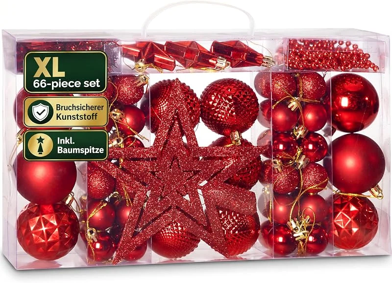 Besuche den Deuba-Store DEUBA® Weihnachtskugeln 66tlg Baumschmuck-Set mit Sternen Kunststoff Rot — Weihnachtsdeko
