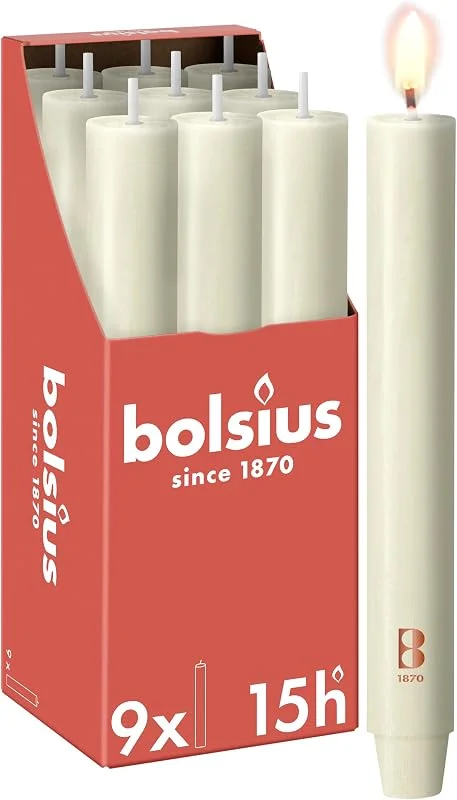 Besuche den bolsius-Store Bolsius - Stabkerze XL Rustik - 23 x 3 cm - Elfenbein - im Karton zu 9 Stück - Länge Brenndauer 15 Stunden - Unparfümierte - Enthält Natürliches Pflanzenwachs - Ohne Palmöl — Kerzenlicht Abendessen