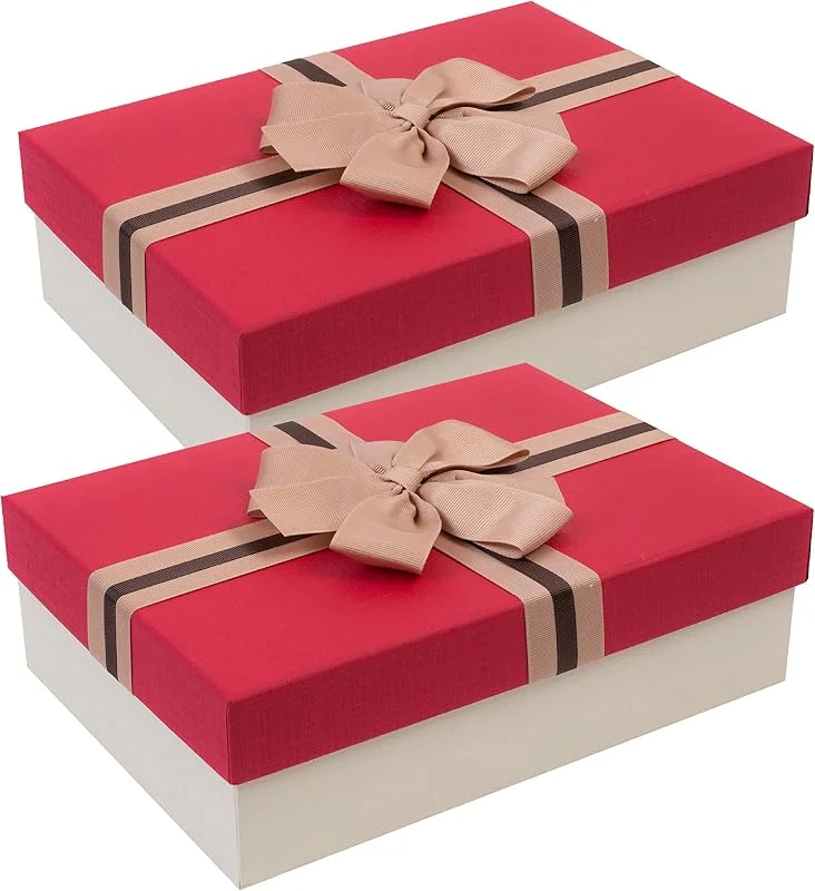 Besuche den emartbuy-Store Emartbuy Set Mit 2 Starre Geschenkbox, 33, 5 x 25 x 11, 5 cm, Creme Mit Rotem Deckel Und Schleife — Geschenkverpackung