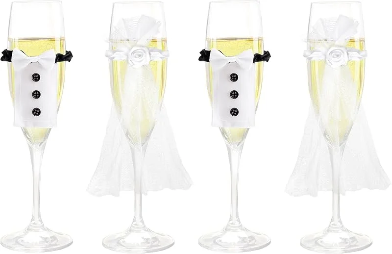 Marke: VOSSOT VOSSOT Sektgläser Hochzeit, Hochzeitsdeko für Champagnerglas Mr & Mrs Glasdekoration Geschenke Flaschenhülle Kleidung, Sektgläser Hochzeit für Brautpaar Braut und Bräutigam Tischdeko (Packung mit 2) — Wein und Festtafel