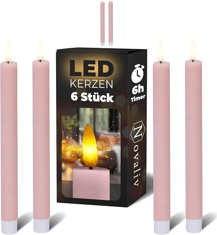 Besuche den Novaliv-Store Novaliv Stabkerzen LED mit Timer PINK 6 Stück Indoor 6 Stunden - ECHTWACHS 24, 5cm Höhe für Kerzen 2, 2cm Durchmesser 2 AAA Batterien notwendig LED Stabkerzen flackernde Flamme bewegliche Flamme Licht — Advent und Tisch