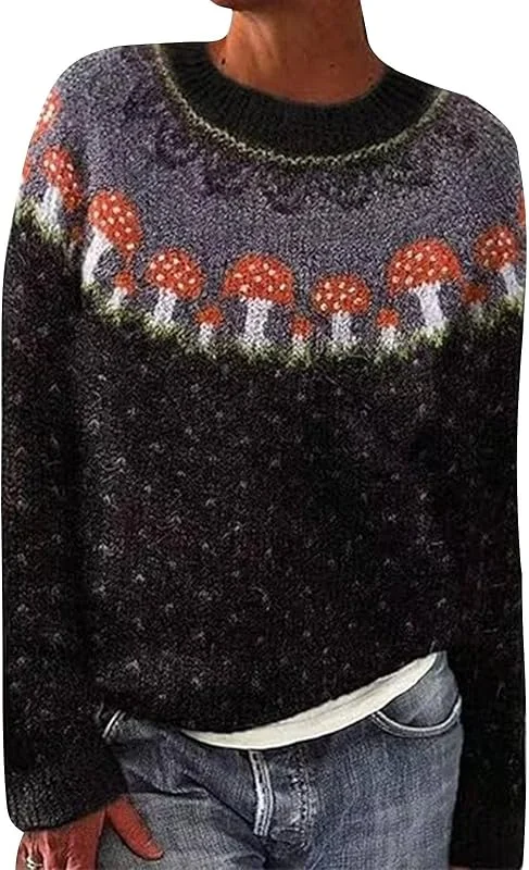 Marke: Qixiu Strickpullover Damen, Strickpullover Damen Grobmaschig, Women's Vintage Art Print Knit Crew Neck Pullover Sweater Tunika Winter Damen Pullover Clips Damen Silber — Weihnachtsmode