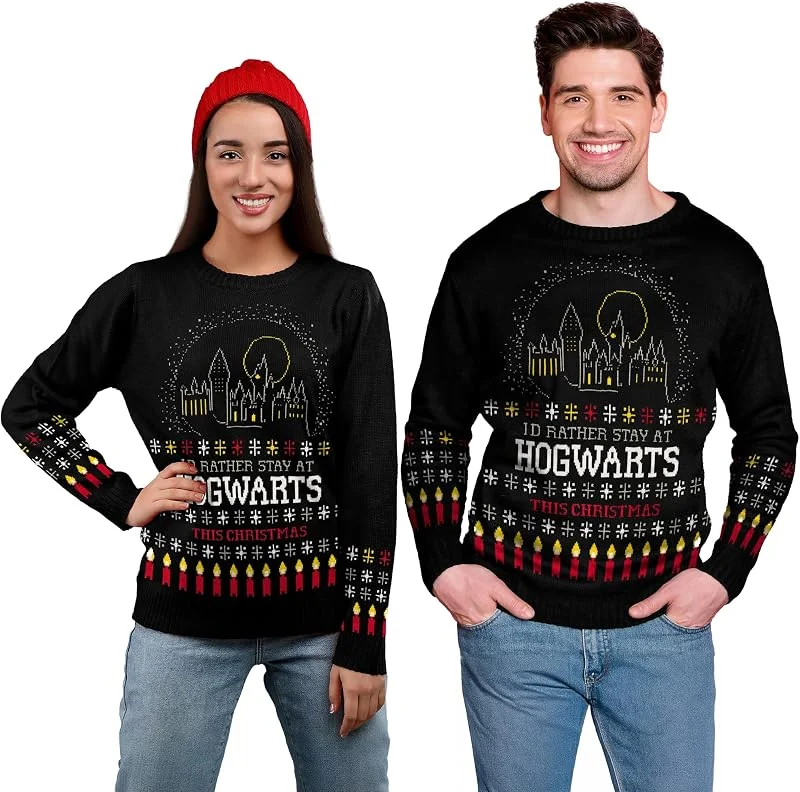 Marke: United Labels United Labels Harry Potter Winterpullover Unisex I'd Rather Stay at Hogwarts This Christmas, Schwarz, Winter Strickpullover, Pullover für Herren und Damen — Weihnachtsmode