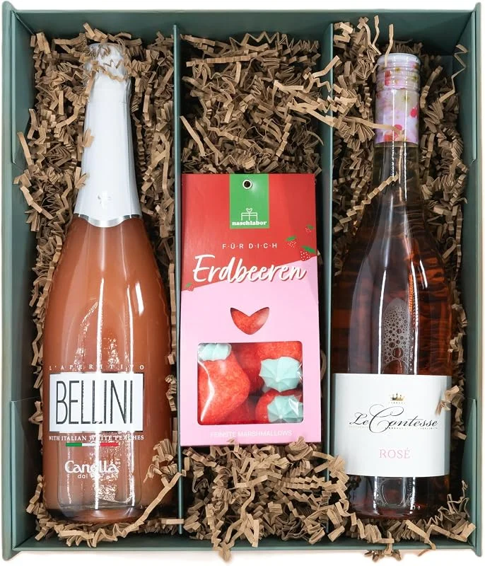 Marke: Geschenkbox Weinbox Ladies Night mit süßen Erdbeer-Marshmallows - Premium Geschenkset mit Bellini & Rosé Frizzante, Perfekt für Weinliebhaber und Mädels-Abende — Wein und Festtafel