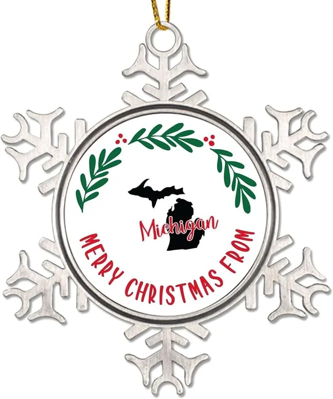 Marke: CowkissSign Merry Christmas From Michigan Weihnachtsdekoration für Kinder American State USA States Metall Schneeflocke Weihnachtsbaum Hängende Ornament Michigan Weihnachtskranz Weihnachtsdekoration