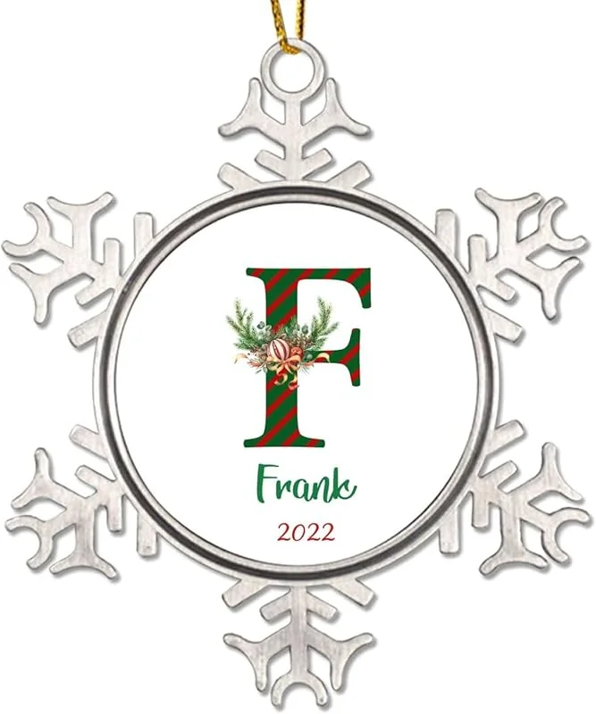 Marke: CowkissSign Monogramm Initiale Buchstabe F Weihnachtsschmuck Benutzerdefinierte Weihnachtskranz Streifen Buchstabe Weihnachtsbaum Dekoration Andenken 7, 6 cm Metall Schneeflocke Weihnachtsschmuck — Weihnachtsdeko