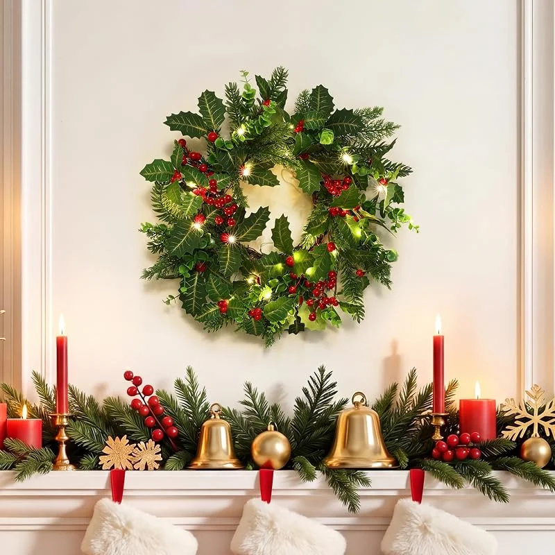 Besuche den Hometopia-Store Runder LED-Weihnachtskranz Ø 40 cm mit roten Beeren, 30 LEDs, Timer — Weihnachtsdeko