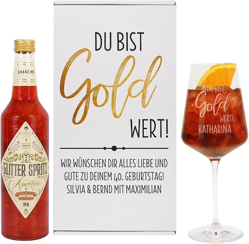 Besuche den Herz & Heim-Store Herz & Heim® Glitter Geschenkset mit graviertem Glas, Geschenkbox und Glitter Spritz Flasche, Motivauswahl, personalisiert (Du bist Gold wert) — Geschenkverpackung