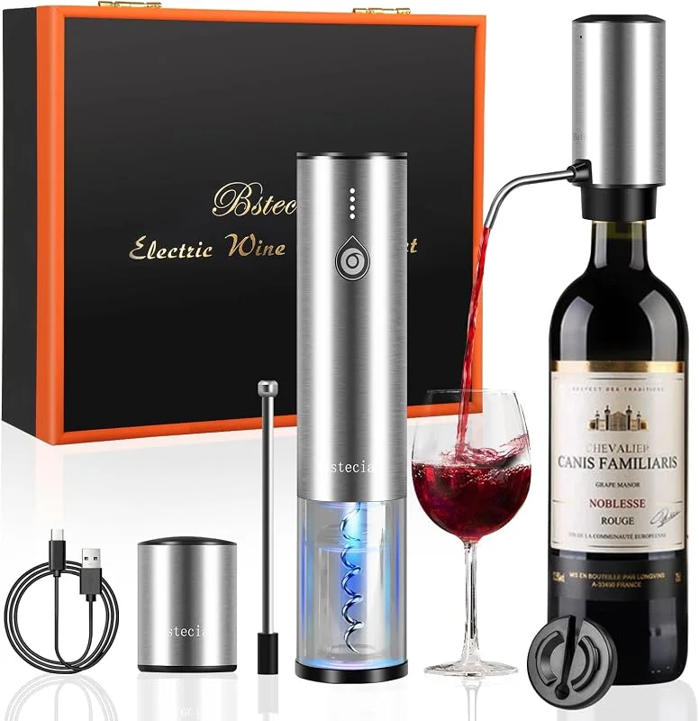 Marke: Bsteciar Elektrischer Weinkorkenzieher 4-in-1 Geschenkbox Set mit Automatischer Weindekanter & Weinöffner, Vakuumstopfen, Kapselschneider - USB-C Schnelladung für Weinliebhaber — Wein und Festtafel