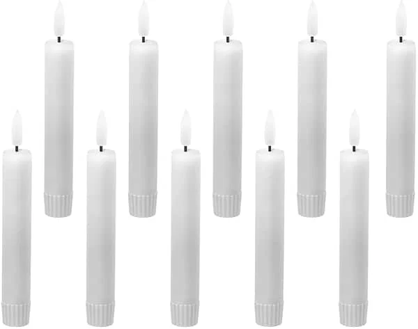 Besuche den LED Universum-Store LED Universum - 2er Set LED Echtwachs Stabkerzen weiß 15cm warmweiß für 1 x AAA Batterie je Kerze (nicht enthalten) Tischdekoration für Hochzeit, Weihnachten, Feste, Partys (weiß 15cm - 10er Set) — Kerzenlicht Abendessen