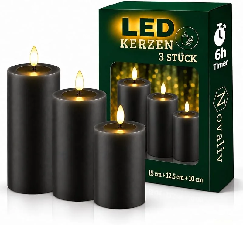 Besuche den Novaliv-Store Novaliv 3er Set Led Kerzen flackernde Flamme mit Echtwachspiegel grau 7, 5cm ø 1x 15 cm, 1x12, 5 cm, 1x10 cm Höhe, LED Kerzen mit Timerfunktion, 2 AA Batterien nötig, LED Echtwachs Stumpenkerzen grau — Kerzenlicht Abendessen