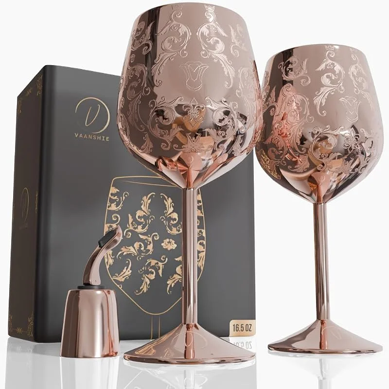 Marke: vaanshie Weingläser aus Edelstahl, Geschenk zum Muttertag [2er-Set] - Rotgoldene königliche Kelche mit aufwendigen Barockgravuren, unzerbrechliche und bruchsichere Weinbecher mit Flaschenverschluss — Wein und Festtafel