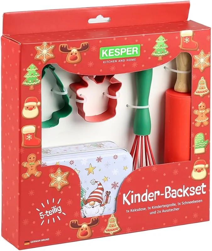 Besuche den Kesper-Store KESPER, Kinderbackset 5-tlg. - Teigrolle, Schneebesen, 2 Ausstechformen & Keksdose, Weihnachts-Backset für Kinder, robust & kindgerecht, 69128 — Küche & Haushalt