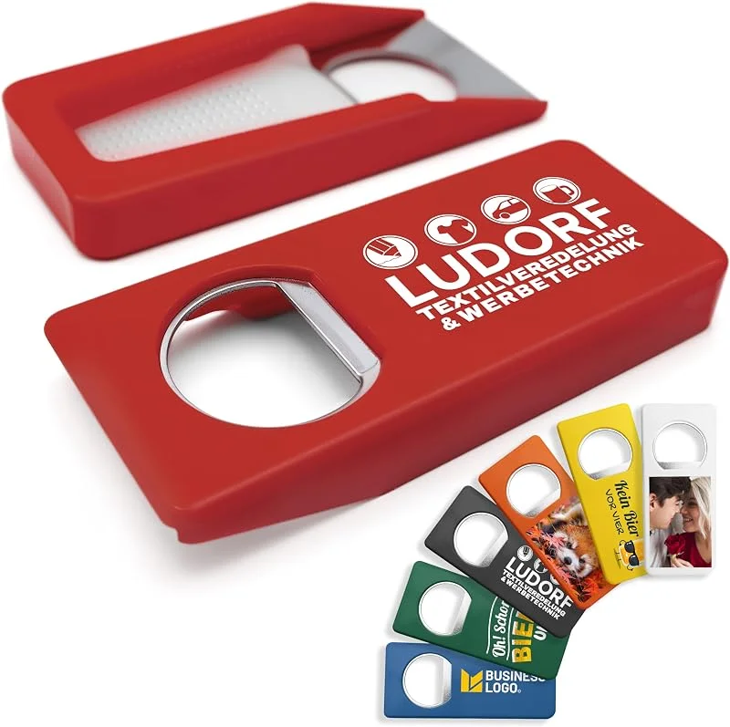 Besuche den #teamludorf-Store Personalisierte Flaschenöffner mit Verschluss (100 Stück, Rot) – Mit eigenem Foto, Logo & Text bedruckbar – Nachhaltig aus Recycling-Kunststoff — Wein und Festtafel