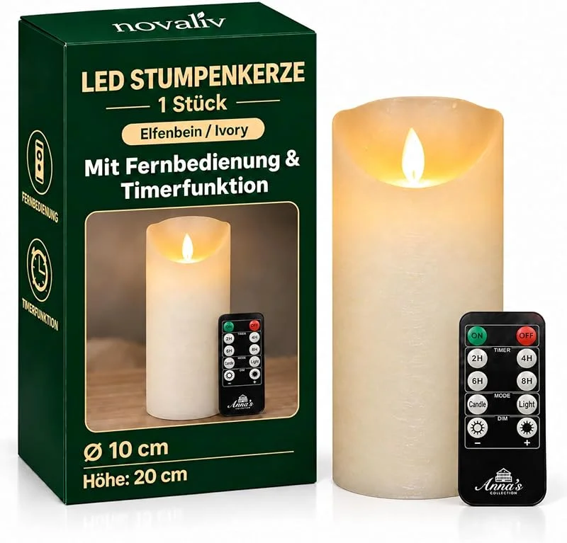 Besuche den Novaliv-Store Novaliv Große LED Stumpenkerze Elfenbein Ivory ø 10cm x 20cm Höhe - 2 C Batterien nötig LED Kerze mit Flackereffekt und Timer flammenlose Stumpenkerze - LED Kerze groß Weihnachtsbeleuchtung — Kerzenlicht Abendessen