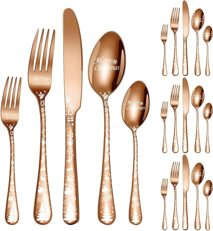 Marke: Xiyocadt Weihnachtsbesteck Set, Besteck Set Service, Edelstahl Besteck Geschirr, Handgriff mit Weihnachtsbaum und Rentiermotiven, Messer Gabel Löffel, Hochglanzpoliert & Spülmaschinengeeignet (Roségold, 20-teilig) — Advent und Tisch