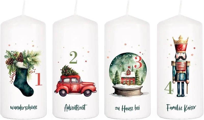 Besuche den Herz & Heim-Store Herz & Heim® Adventskerzen Set -Weihnachtszauber- mit stimmungsvollen Motiven und Wunschtext auf 4 Kerzen — Kerzenlicht Abendessen