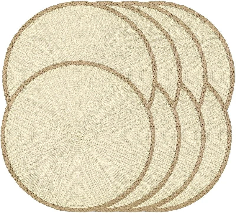 Marke: Noctiflorous Noctiflorous Set mit 8 gewebten runden Tischsets, waschbar und hitzebeständig, für Esstisch, langlebig, rutschfest, für drinnen und draußen, für Urlaub, Partys, Grillabende (beige, Rand) — Küche & Haushalt