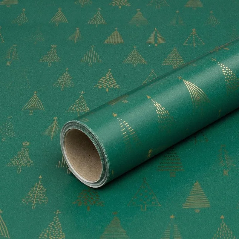 Marke: Bolis Bolis Geschenkpapier, Grün mit Goldenen Tannen, Weihnachtspapier, 70 cm x 10 m — Geschenkverpackung