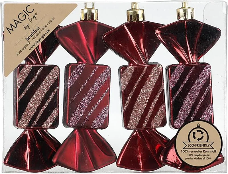 Besuche den Inge-glas-Store Inge-glas Christbaumschmuck Bonbons 10, 5cm Kunststoff 4er Set - bruchsicher & mit Glitzer - Christbaumkugeln für Weihnachtsbaum - Weihnachtsbaumkugeln & Weihnachtsbaumschmuck Weinrot - Bordeaux Red — Weihnachtsdeko
