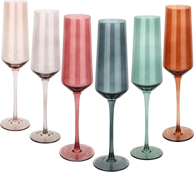 Marke: Yaschmo Farbige Champagnerflöten, groß, 237 ml, mundgeblasene Kristallgläser, bleifrei, bunte Gläser, italienischer Stil, hohe Stiel, elegante Geschenkbox für Hochzeit, Party, Urlaub, Geburtstage, 6 Stück — Wein und Festtafel