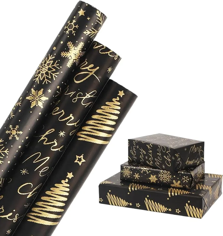 Marke: HBell HBell Weihnachts-Geschenkpapier-Rollen, 44 cm x 3 m, Schneeflocken-Geschenkpapier, metallisches Weihnachts-Geschenkpapier für Weihnachten, Party, festliche Dekorationen (Schwarz, Gold) — Geschenkverpackung