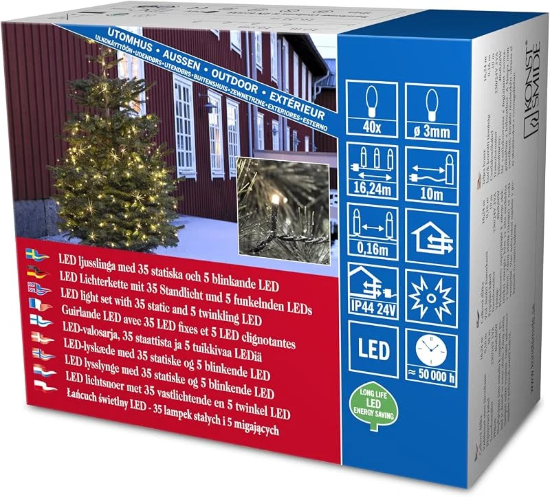 Besuche den Konstsmide-Store Konstsmide Micro LED Lichterkette, mit Funkeleffekt, 40 warm weiße Dioden (5x funkelnde), 24V Außentrafo, schwarzes Kabel - 3610-140 — Weihnachtsbeleuchtung