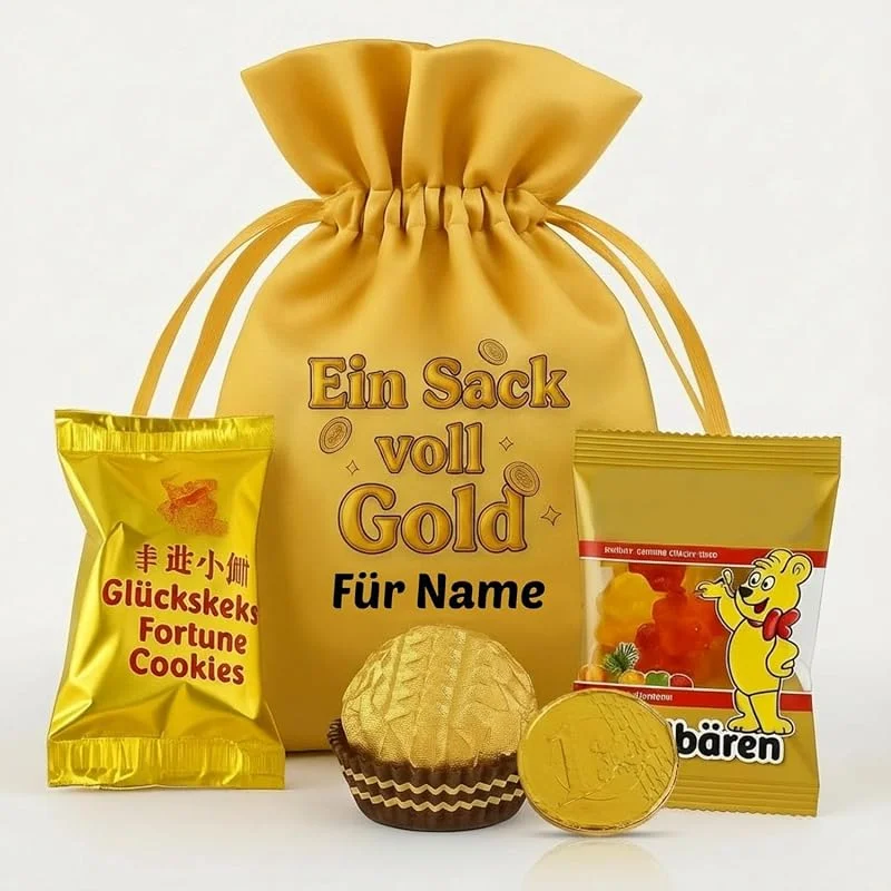 Besuche den Adventino-Store Ein Sack voll Gold – wiederverwendbarer Satin-Geschenkbeutel mit personalisiertem Aufdruck als Geld-Geschenk mit goldenen Leckereien, Größe S — Geschenkverpackung