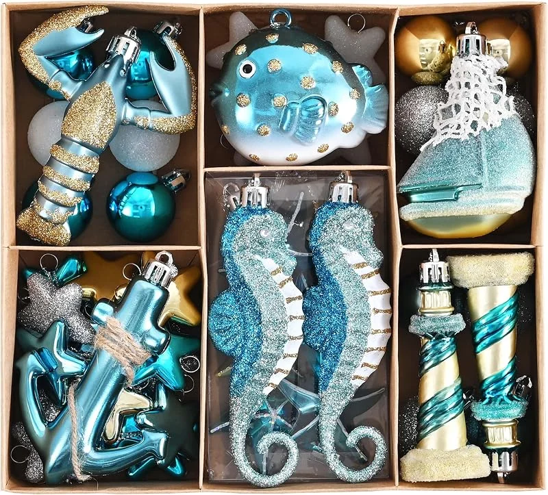 Besuche den Valery Madelyn-Store Valery Madelyn Weihnachtsbaumschmuck-Set, 50 Stück, hellblau und silber, bruchsichere Weihnachtskugeln, Sommer, Strand, Küste, Ozean, maritim, Meeresluft, zum Aufhängen, EG1901-0005 — Weihnachtsdeko