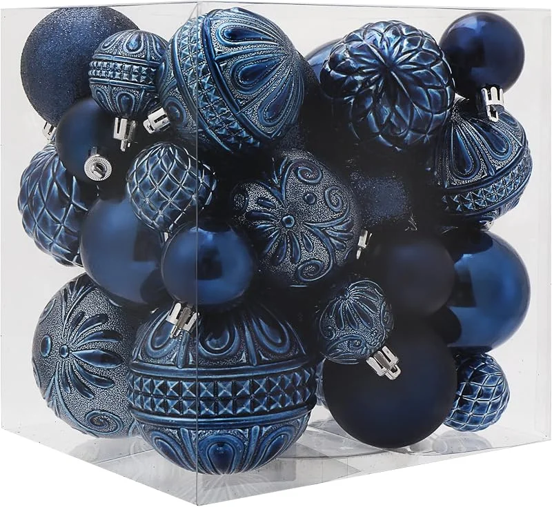 Marke: LUCKYCHRIS Weihnachtskugel-Ornamente, Marineblau, Weihnachtsbaumschmuck mit Seil zum Aufhängen, 36-teilig, bruchsicheres Weihnachtsschmuck-Set mit 6 Stilen in 3 Größen (klein, mittel, groß) — Weihnachtsdeko