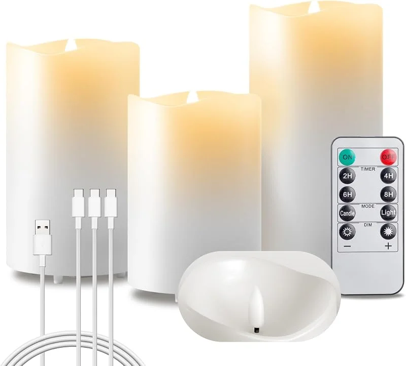 Besuche den EXTSUD-Store EXTSUD Flammenlose LED Kerzen 3er Flackerndes Echtwachs Kerzen Aufladbare LED Kerzen mit Timer und Fernbedienung 7, 5x10.5, 13.5, 16 CM Stumpenkerzen für Haus Hochzeit Weihnachten Halloween Party Decor — Kerzenlicht Abendessen