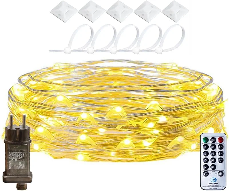 Marke: RcStarry 10M LED Lichterkette Draht aus Silberdraht, 100 LEDs Wasserdicht IP65 Weihnachten LED Lichterkette mit Stecker, Fernbedienung, Timer, 8-Modi, Speicher für Außen, Innen Deko. Warmweiß — Weihnachtsbeleuchtung