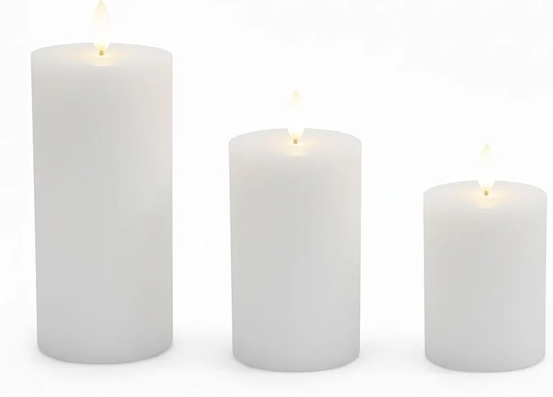 Besuche den Relaxdays-Store Relaxdays LED Kerzen, 3er Set, 3 Größen, flackernde Flamme, Echtwachs, mit Rillen, flammenlose Elektrokerzen, weiß — Kerzenlicht Abendessen