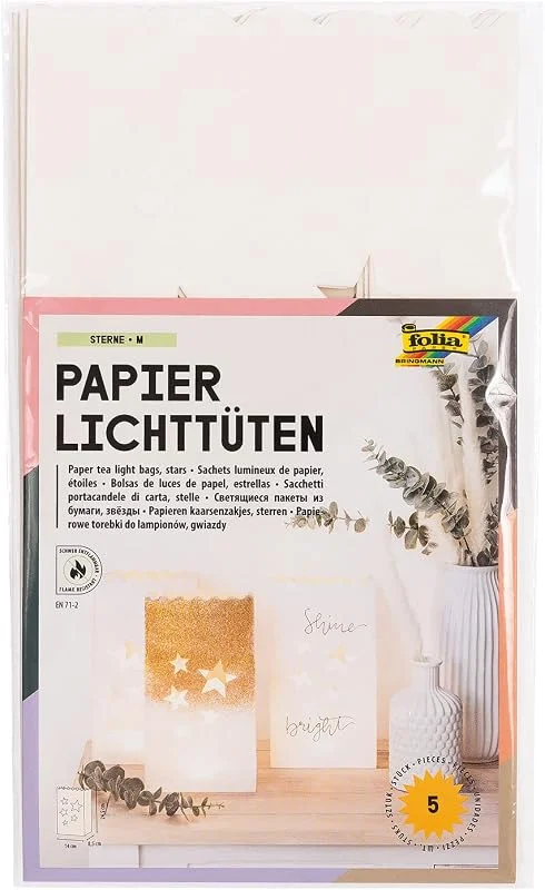 Besuche den folia-Store folia 12410 - Papier-Lichtertüten Sterne, Tüten aus schwer entflammbarem Papier, 5 Stück, ca. 24, 5 x 14 x 8, 5 cm, stimmungsvolle Tischdekoration im Advent und zu Weihnachten — Kerzenlicht Abendessen