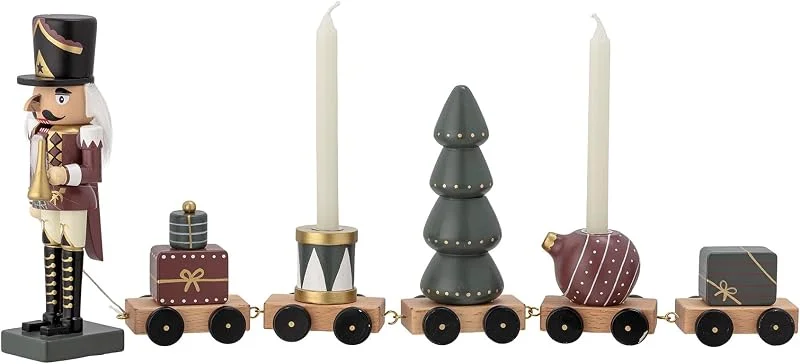 Bloomingville Vadim Nussknacker Tischdekoration zu Weihnachten als Zug mit Weihnachtsfiguren als dekorativer Kerzenhalter für eine gemütliche Atmosphäre 45cm — Kerzenlicht Abendessen