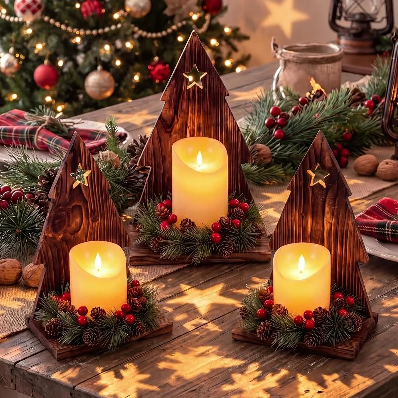Marke: Romooa Kerzenhalter aus Holz, rustikal, 3 Stück — Weihnachtsbeleuchtung