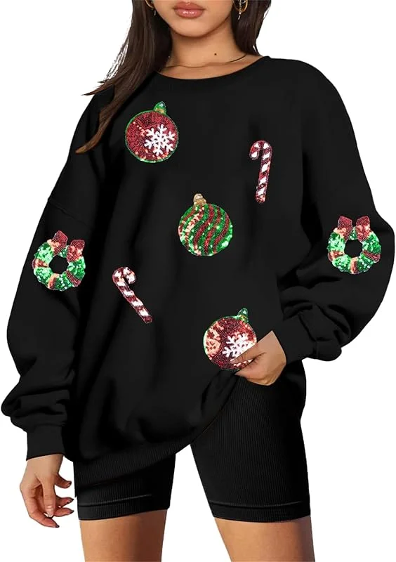Marke: JINTING JINTING Weihnachtspullover mit Pailletten für Damen, mit Rundhalsausschnitt, lange Ärmel, überkreuztes T-Shirt — Weihnachtsmode