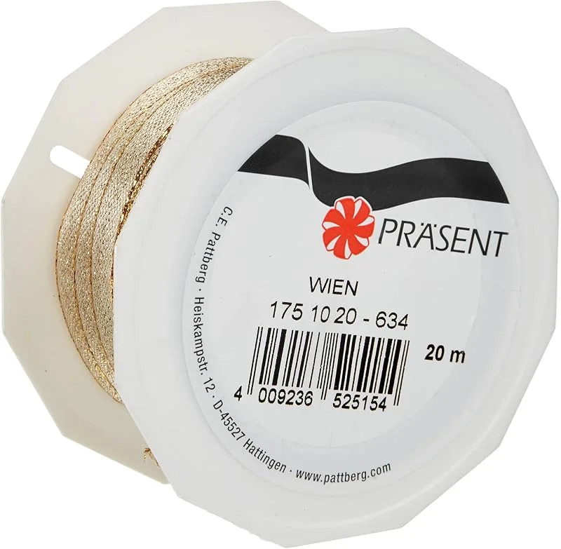 Besuche den PRÄSENT-Store Präsent C.E. Pattberg Wien Geschenkband Gold, 20 m Geschenkband zum Einpacken, 10 mm Breite, Zubehör zum Dekorieren & Basteln, Dekoband für Geschenke — Geschenkverpackung