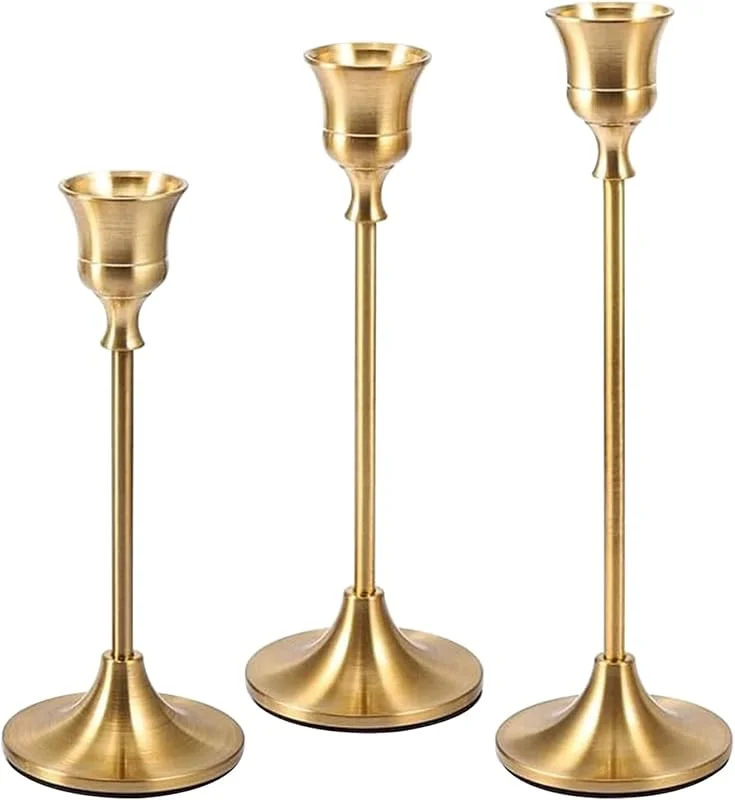 Marke: Yearninglife Kerzenständer Gold 3 Set, Kerzenständer Stabkerzen, 3 verschiedenen höhen Metall KegelKerzenleuchter, Hochzeit Kerze Stand, für romantische Abendessen, Jubiläum und Hochzeitszeremonien Vintage Dekoration — Kerzenlicht Abendessen